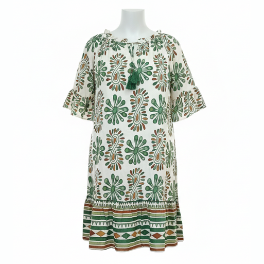 Vestido tela viscosa  escote elasticado, manga 3/4