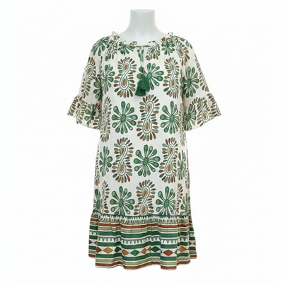 Vestido tela viscosa  escote elasticado, manga 3/4