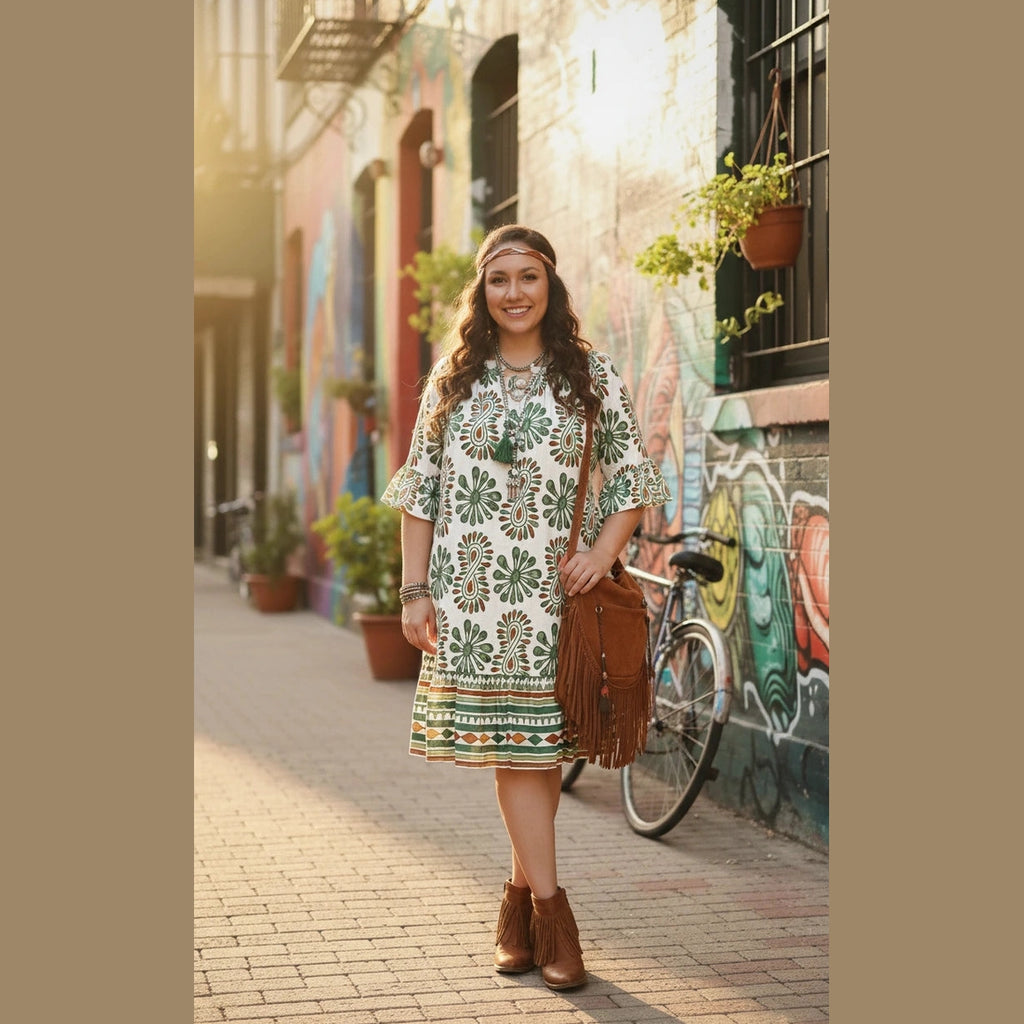 Vestido tela viscosa  escote elasticado, manga 3/4