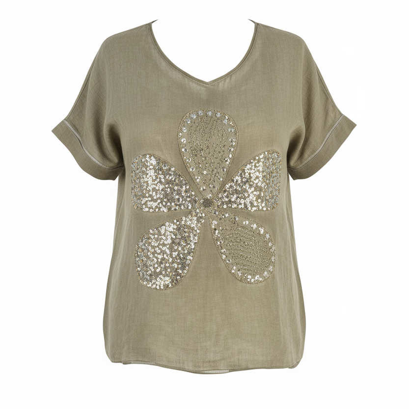 Polera Lino y Algodón Flor bordada con lentejuelas