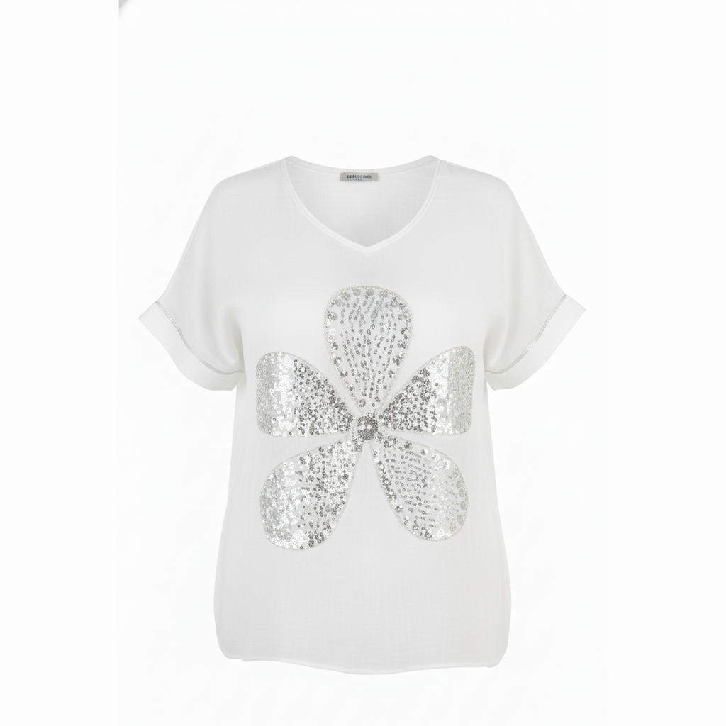 Polera Lino y Algodón Flor bordada con lentejuelas