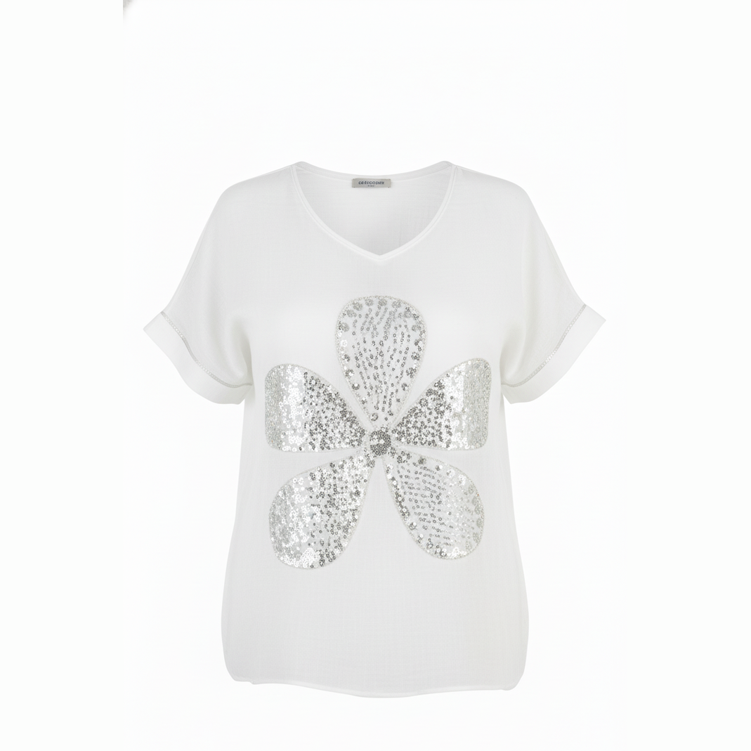 Polera Lino y Algodón Flor bordada con lentejuelas