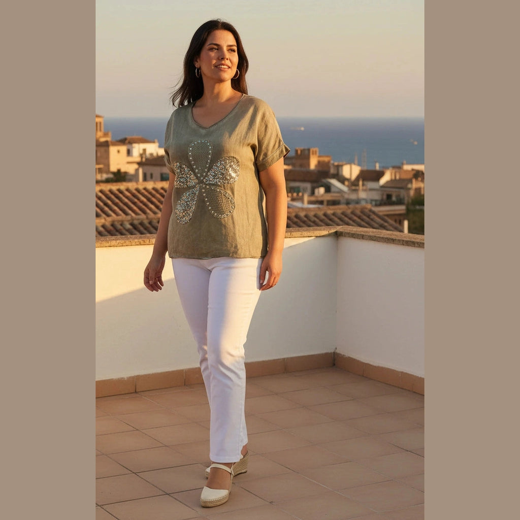 Polera Lino y Algodón Flor bordada con lentejuelas